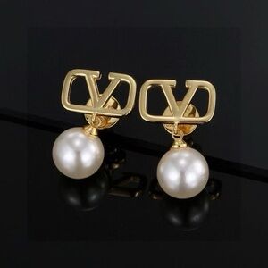 Valentino Gold and Pearl Logo Earrings